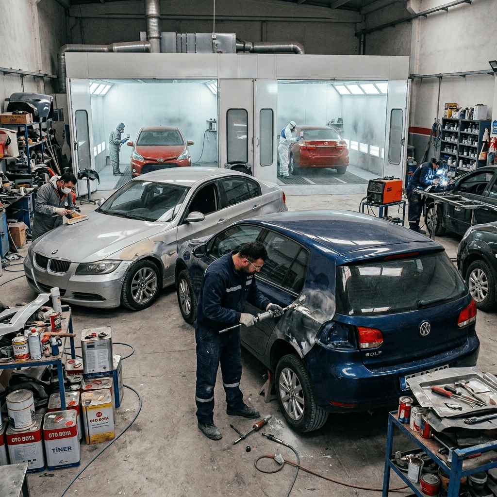 Technicians repair cars while others are painted in an auto body workshop
