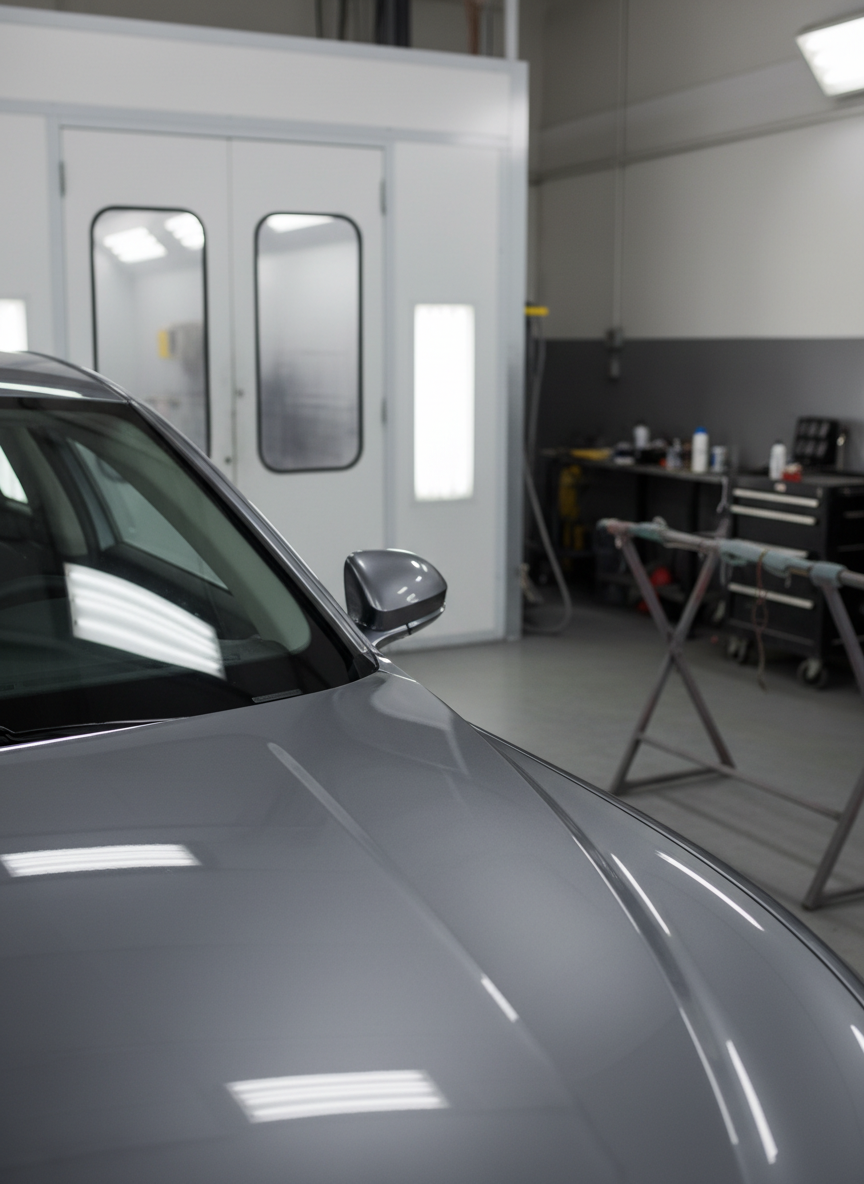 A close-up, photographic realism view of a metallic silver car’s front fender and door in a body repair bay, showcasing freshly restored, perfectly smooth sheet metal and a flawless, glossy paint finish. The vehicle is positioned beside a bright, enclosed paint booth with its glass window softly glowing from interior lights. Reflections of the workshop’s ceiling panels and tidy tool carts glide along the car’s surface, emphasizing precision workmanship. The background is intentionally blurred but suggests sanding stations and panel stands. Neutral, bright overhead lighting eliminates harsh shadows, highlighting the uniform color match. Captured from a low, three-quarter angle with shallow depth of field, the scene feels technical yet refined, conveying expertise in collision repair, bodywork, and automotive painting for a professional service website.