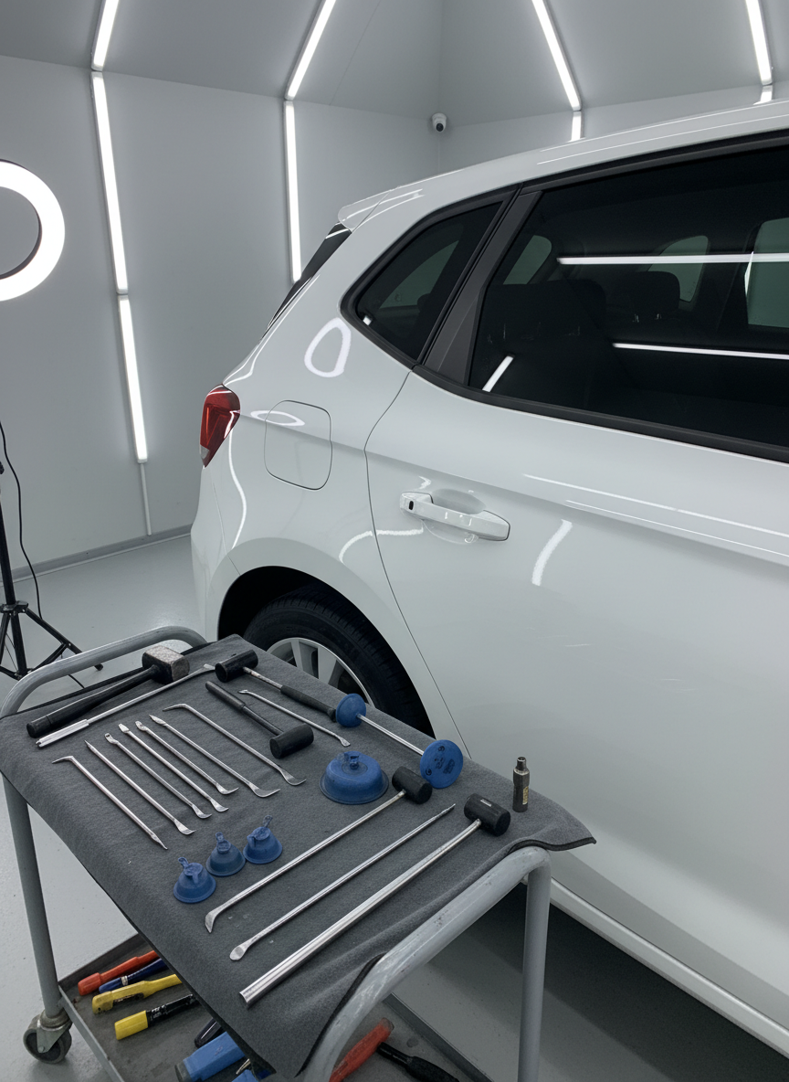 A realistic, detailed scene of a white hatchback undergoing paintless dent repair in a dedicated bay of a modern auto service center. The camera focuses tightly on the rear quarter panel where small dents have been completely smoothed out, the glossy surface reflecting the linear pattern of LED inspection lights mounted above. Specialized PDR rods and suction tools rest on a padded, wheeled cart nearby, all neatly arranged. The clean, light gray walls and uncluttered floor create a clinical, precise environment. Soft, bright overhead lighting and an auxiliary inspection lamp create crisp reflections that reveal the flawless finish. Shot from a slightly elevated angle with medium depth of field, the atmosphere is meticulous, calm, and highly professional, emphasizing advanced paintless dent removal craftsmanship without showing any people.