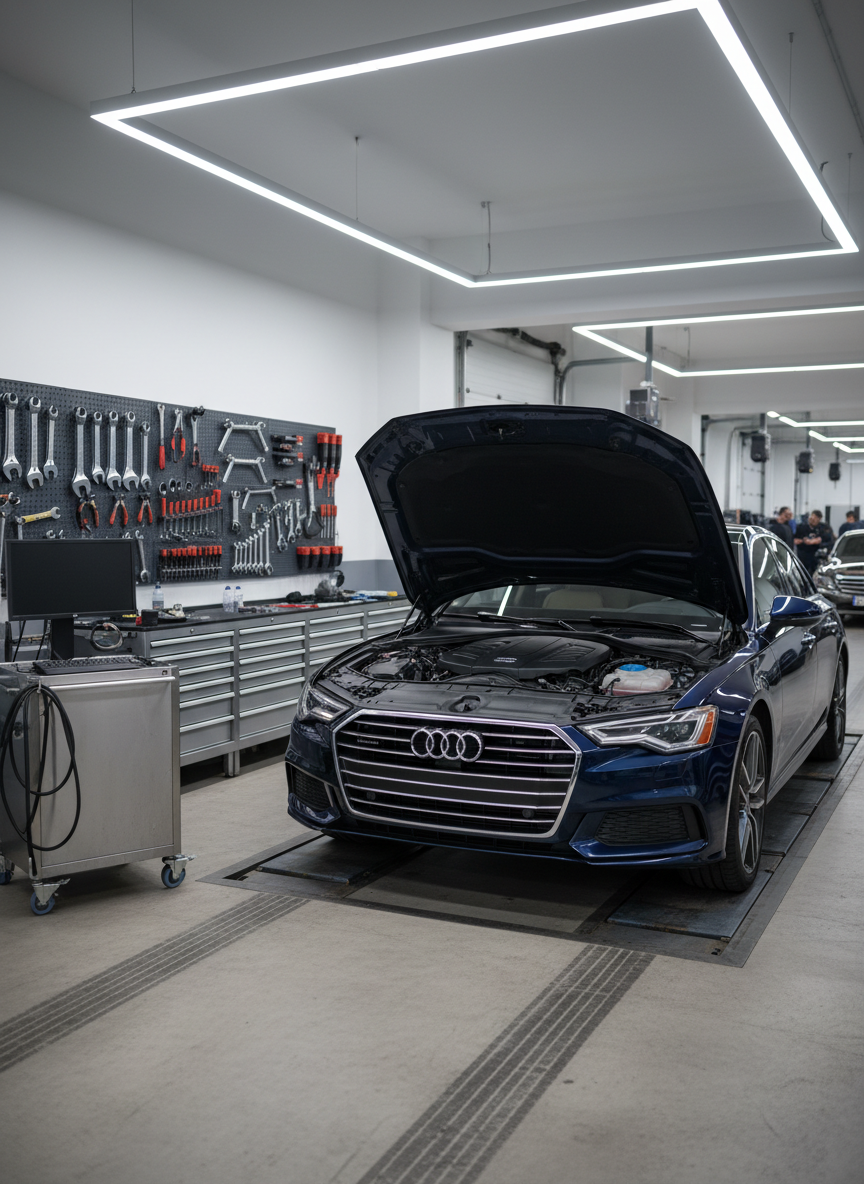 A photographic realism image of a dark blue sedan positioned over a floor-mounted lift in a mechanical service bay, its hood open to reveal a clean, detailed engine compartment. Around the vehicle, an orderly environment features a rolling diagnostic workstation with a blank display, a wall of neatly hung wrenches and sockets, and labeled storage drawers. The concrete floor shows faint, clean tire marks but no clutter or oil stains. Cool white LED strip lights overhead cast even illumination, creating subtle metallic highlights on engine components and the car’s body. Captured from a slightly elevated front three-quarter angle, the composition includes depth into additional bays where other cars await mechanical maintenance, softly blurred. The mood is technical, reliable, and efficient, ideal for communicating comprehensive mechanical service capabilities.