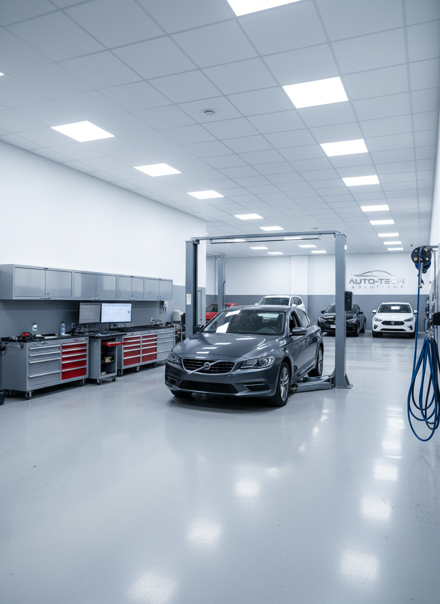 A meticulously clean, modern auto repair workshop interior presented in photographic realism, with a recently detailed dark gray sedan positioned centrally on a hydraulic lift. The car’s bodywork shines under bright, diffused LED ceiling panels, revealing perfectly aligned panels and flawless paint. Around it, organized tool cabinets, a computerized diagnostic station, and neatly coiled air hoses suggest professional, high-tech service. The polished concrete floor reflects soft highlights, while the far wall shows neatly parked vehicles awaiting service, slightly out of focus. Shot at eye level with a wide-angle lens, the composition uses the rule of thirds to balance the main car and the workshop depth. The mood is professional, trustworthy, and orderly, with cool, even lighting creating a clean, efficient atmosphere suitable for a corporate website hero image.